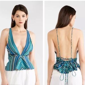 Zara | Linen Blend Stripe Top | Cropped V Neck  top with tie up open back | XS